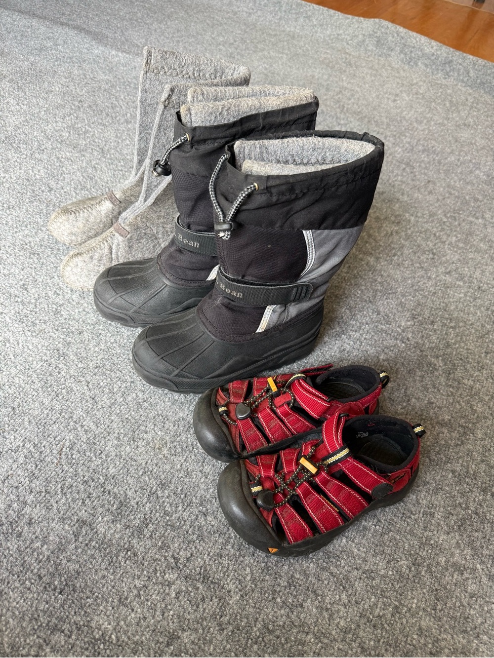LL Bean Winter boots and Keen Hurricane Sandals